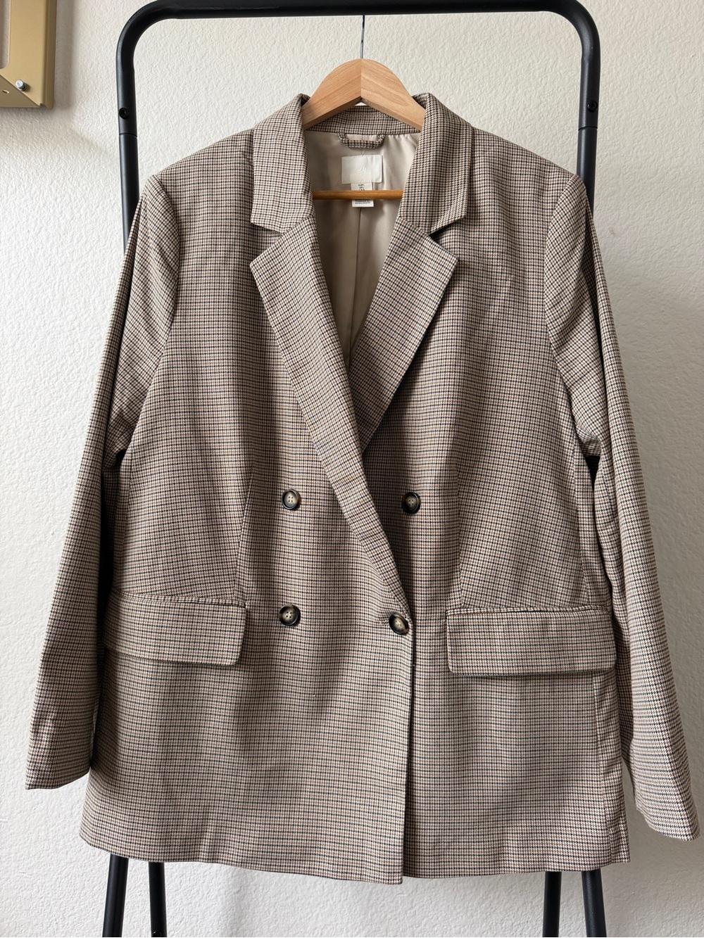 H&M Plaid Double Breasted Blazer Size Large Brown Check Oversized